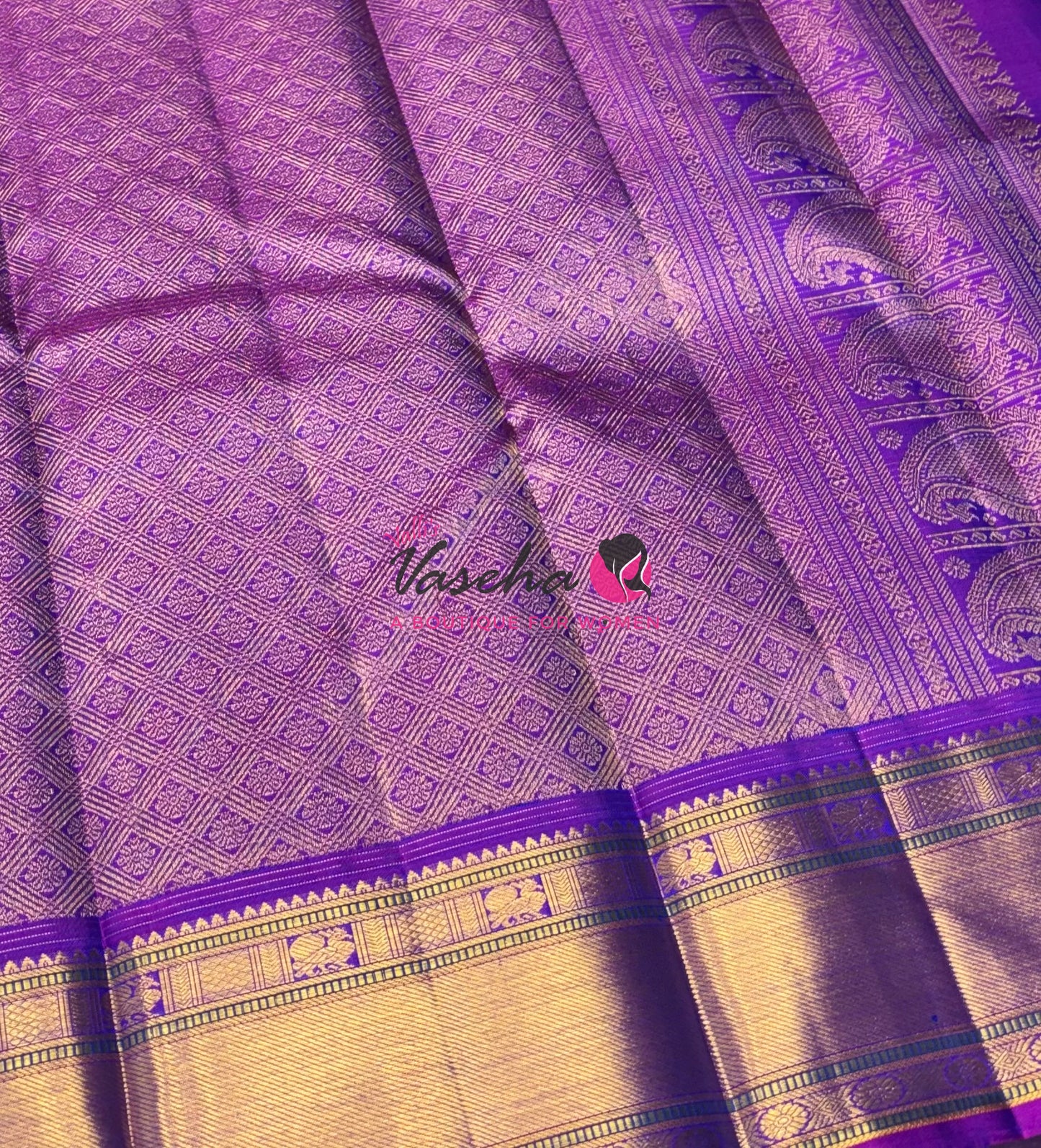 Pure Kanchipuram Silk Saree - Vairavoosi Design  - Peacock Blue With Purple Combo - VVPS060