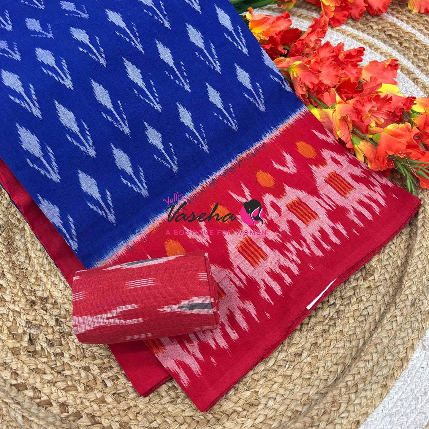 Double Ikkat Pure Cotton Saree -  Blue With Red  - VVIKS002