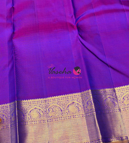 Pure Kanchipuram Silk Saree - Vairavoosi Design  - Peacock Blue & Purplish Pink Combo - VVPS059