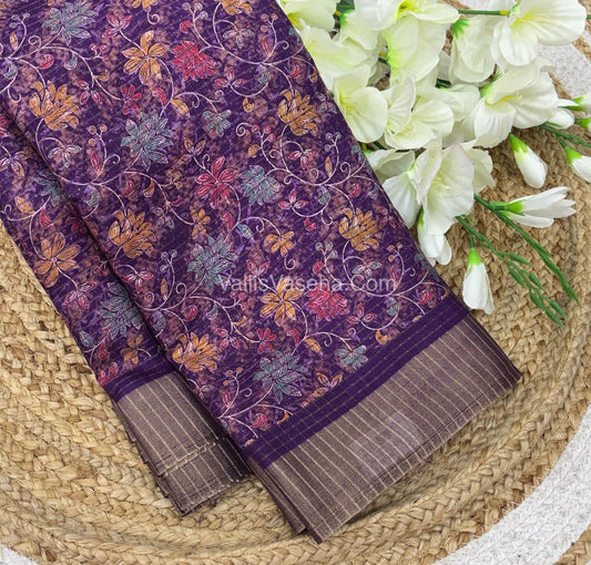 Light Weight Fancy Mixed Kota Cotton - Floral Design Printed Saree - Purple Shade - VVKPC002