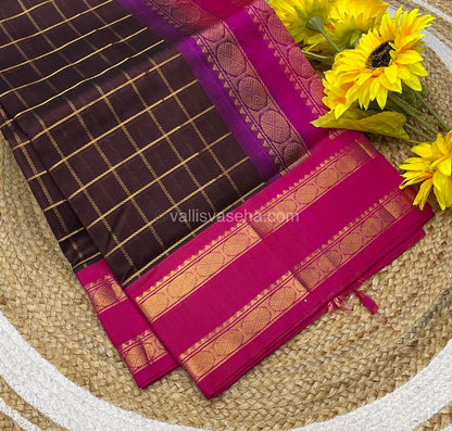 Pure Korvai Silk Cotton With Retta Petta Border - Checks pattern - Brown & Pink - VVKSC013