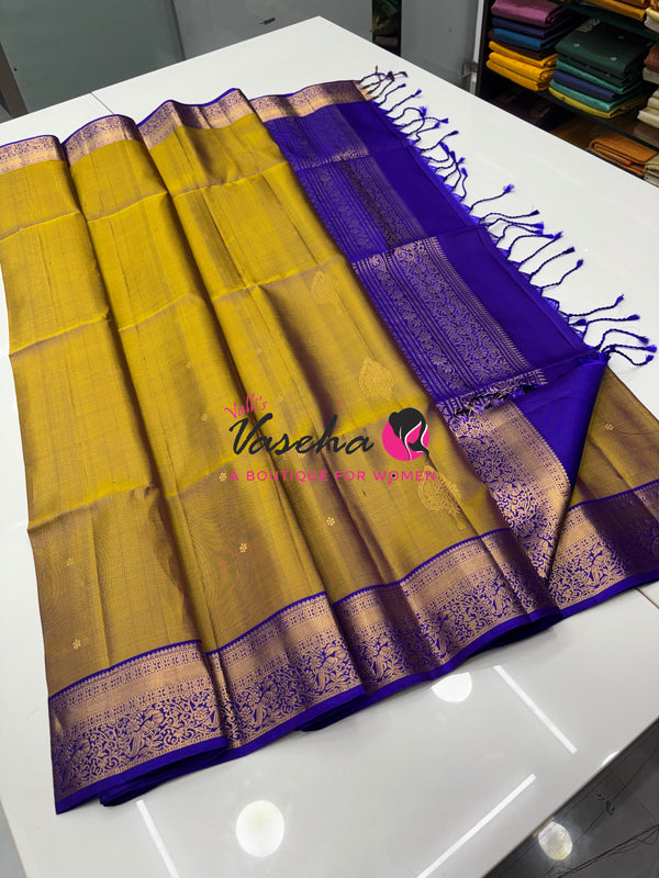 Pure Soft Silk Saree - Mustard Yellowish Green & Blue Combo - Velum & Mayilum - Kanchi Border - VVPSS015