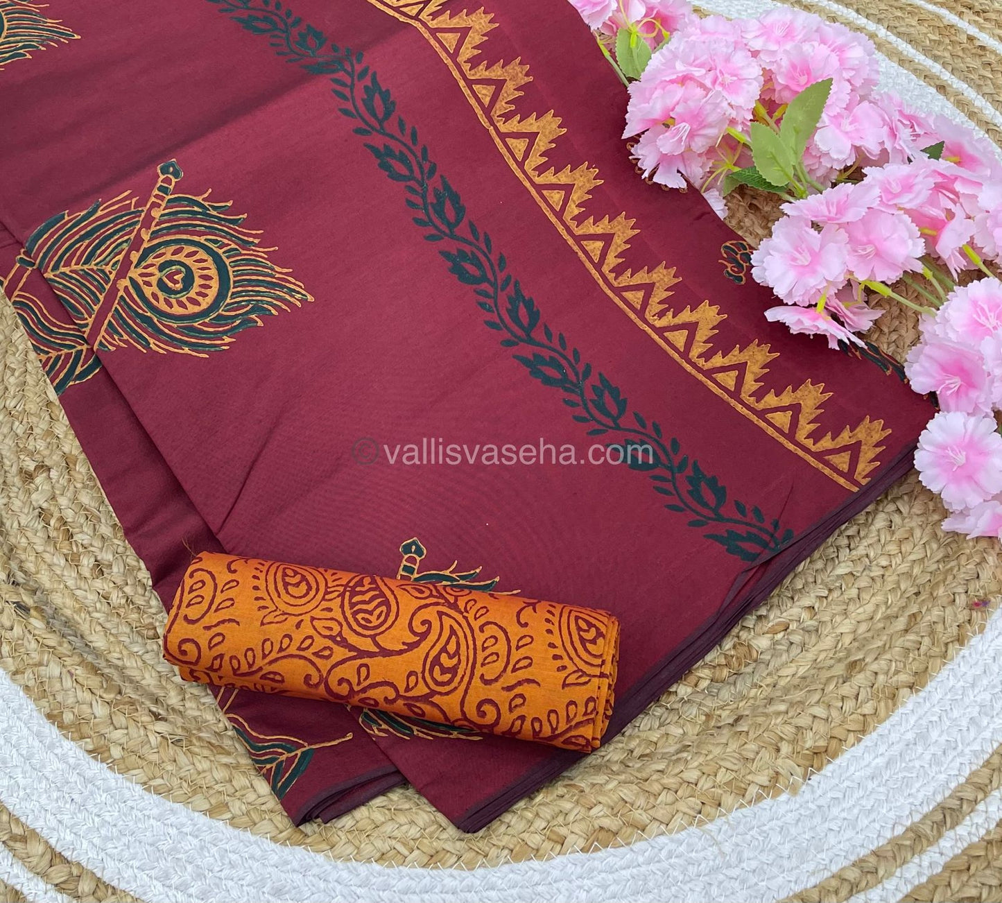 Poly Silk Mixed Printed Cotton - Meroon With Orange - VVPCP002