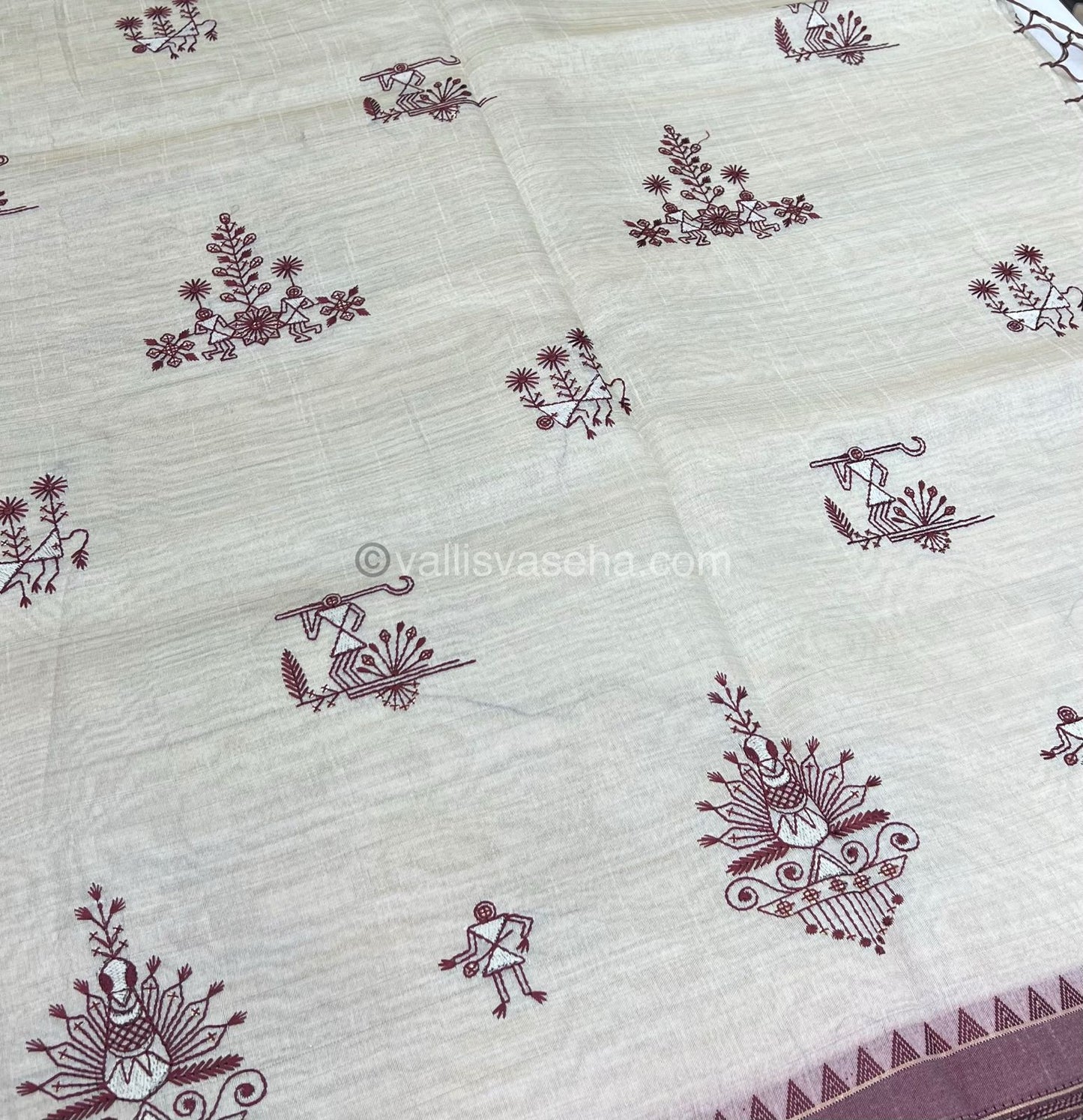 Semi Tussar Embroidery - Cream with Merun Combo - VVSTE001