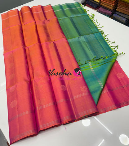 Pure Soft Silk Saree  - Peach & Dual Tone Green Combo - VVPSS136