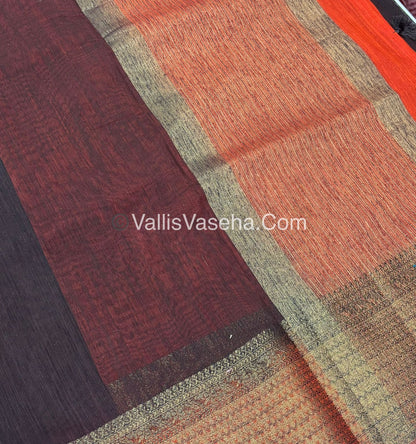 Bamboo Silk Saree - Coffee Brown With Orange Shade - VVBSS003