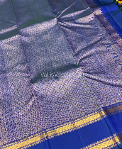 Pure Kanchipuram Silk Saree -  Blueish Golden with Peacock Blue Combo - VVPS022