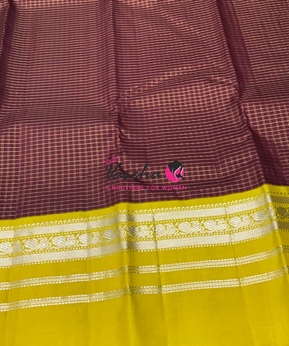 Pure Vintage Korvai Kanchipuram Silk Saree - Brown With Lemon Green - VVPS102