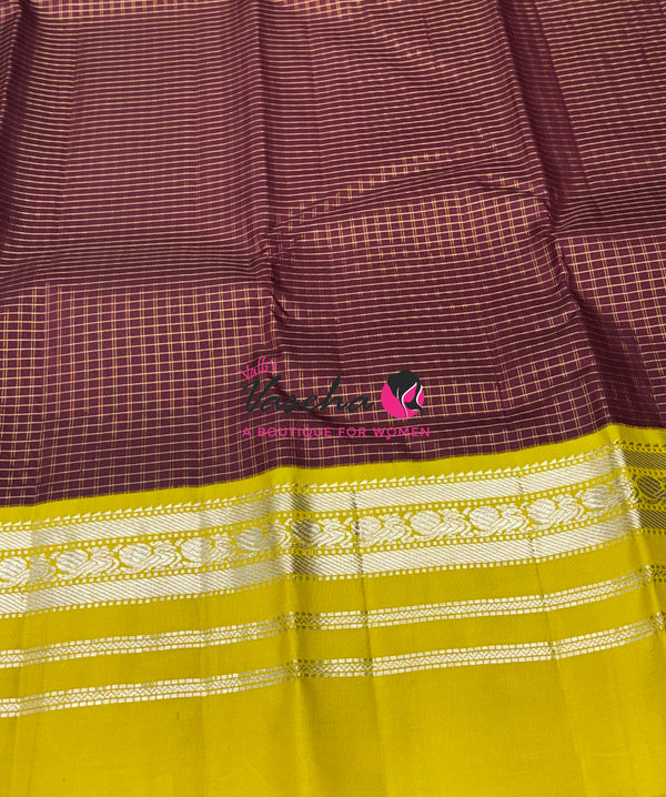 Pure Vintage Korvai Kanchipuram Silk Saree - Brown With Lemon Green - VVPS102