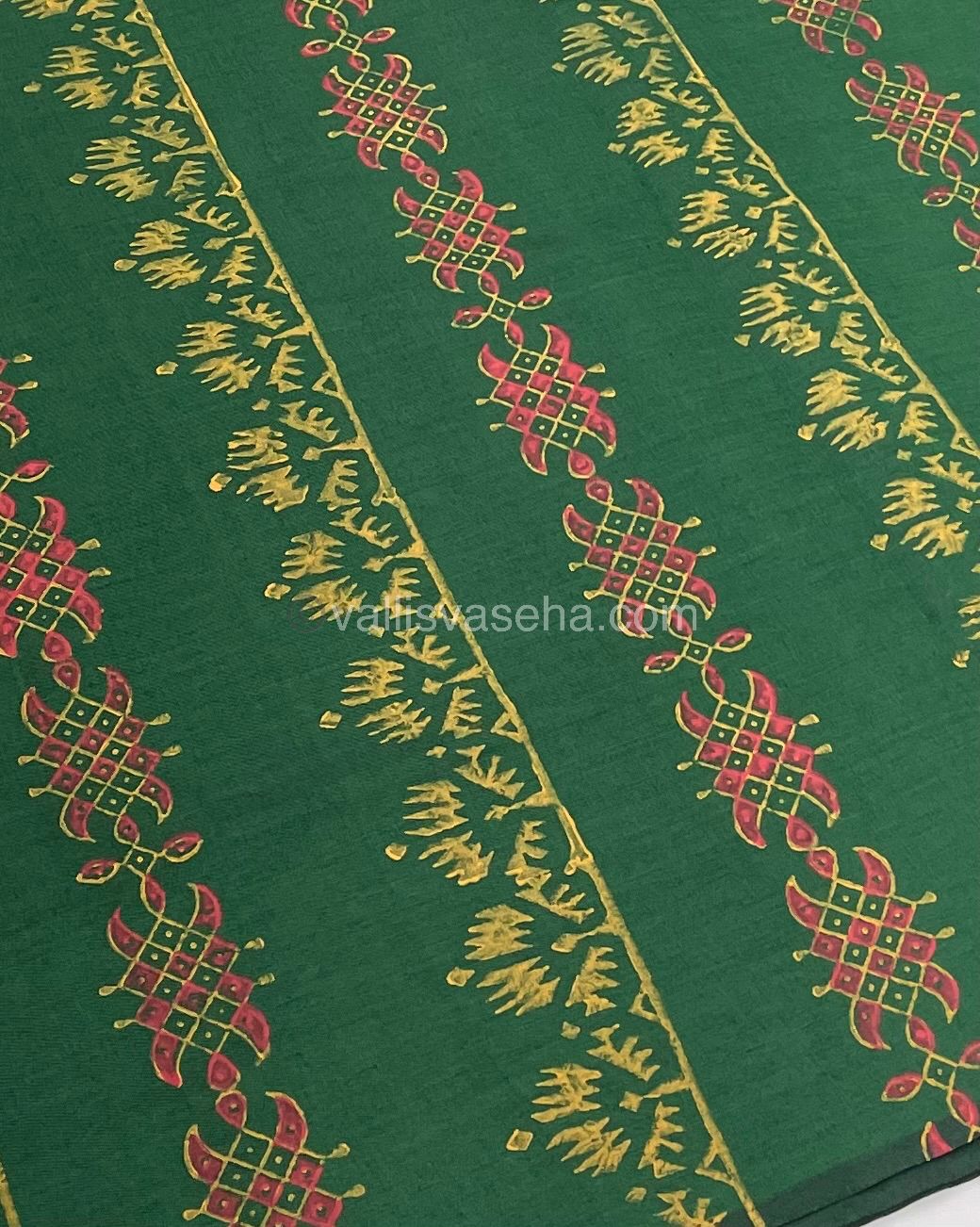 Poly Silk Mixed Printed Cotton - Green With Orange - VVPCP002