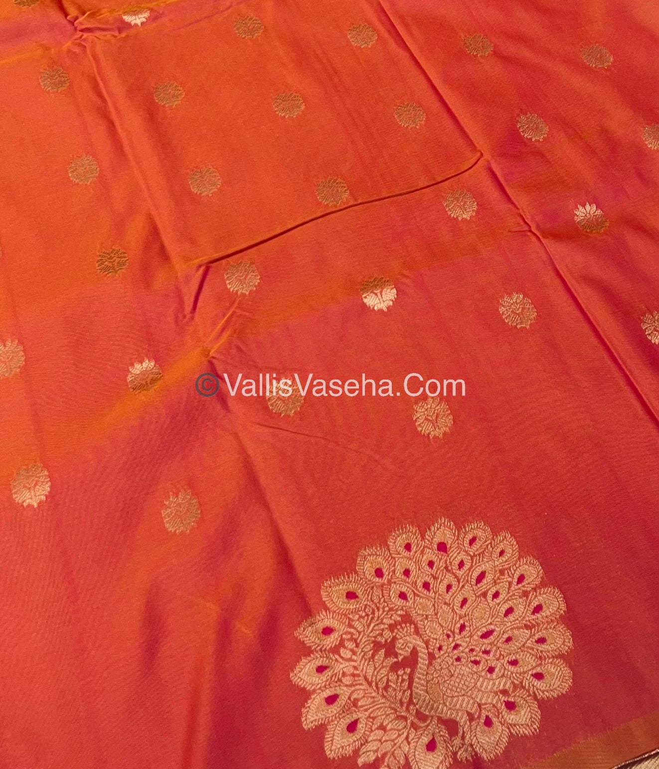 Semi Soft Silk - Peacock Butta Border - Peachish Orange Shade -VVSSS011