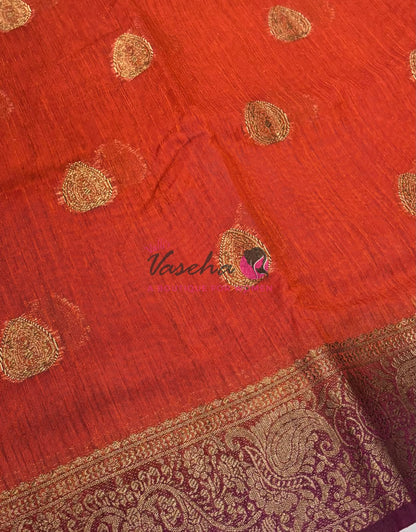 Bamboo Silk Saree- Orange with Maroon Shade - VVBSS016