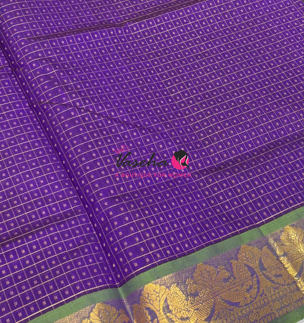 Pure Silk Cotton Saree - Purple With Green - Lakshadeepam Design - VVPLD004