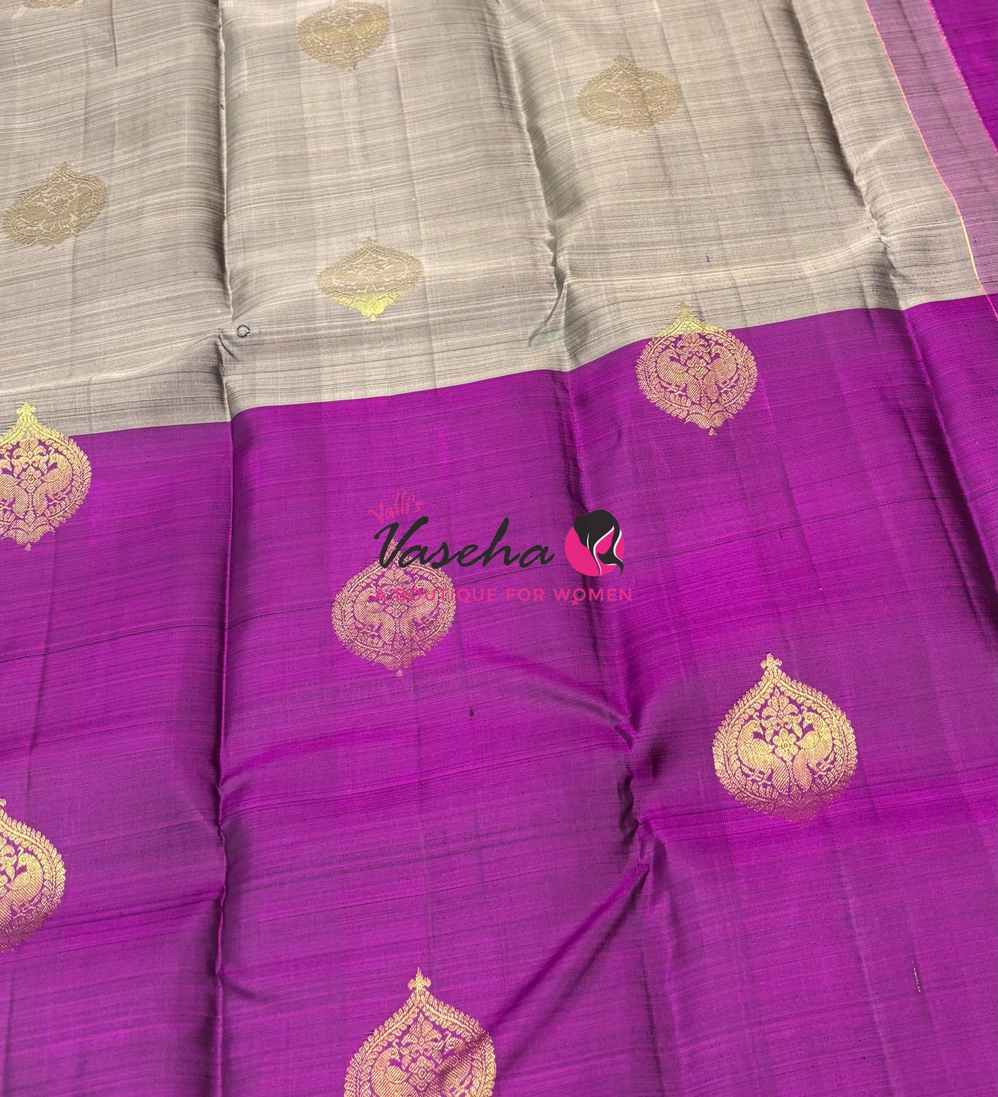 Pure Kanchipuram Silk Saree - Half & Half - Grey With Purplish Pink Shade - VVPS064