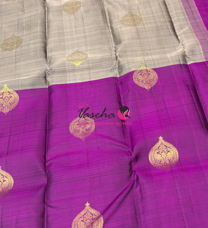 Pure Kanchipuram Silk Saree - Half & Half - Grey With Purplish Pink Shade - VVPS064