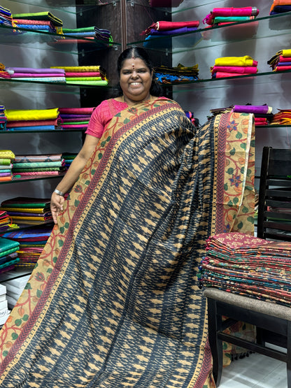 Chanderi Mixed Cotton Saree - Ikkat & kalamkari design  - VVCC002