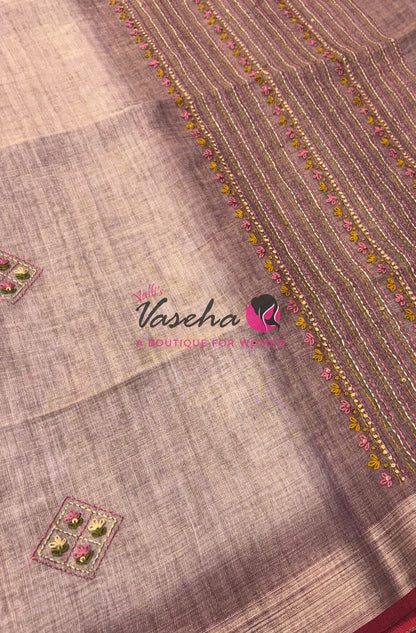 French Knot - Linen Tissue Saree - Light Lavendar Pink Shade - Heavy Work Blouse - VVLFN016
