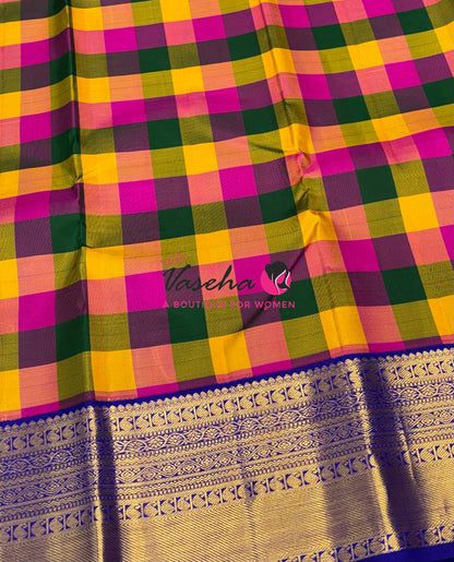 Pure Vintage Korvai Kanchipuram Silk Saree - Pazhum Pazhamum Checks - VVPS061