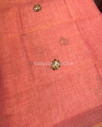 French Knot - Linen Tissue Saree - Peach Shade - Heavy Work Blouse - VVLFN012