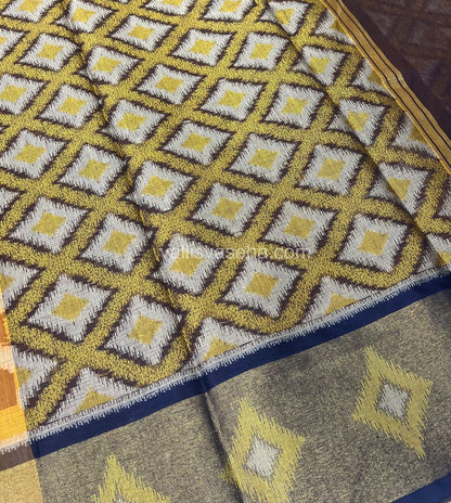 Banarasi Pochampally Weaving Semi Soft Cotton Saree - Yellow with Navy Blue - VVBPS001