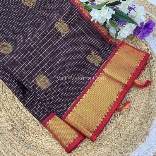 Pure Silk Cotton Saree - Mayil & Chakkaram Design - Brown with Red - VVMC002