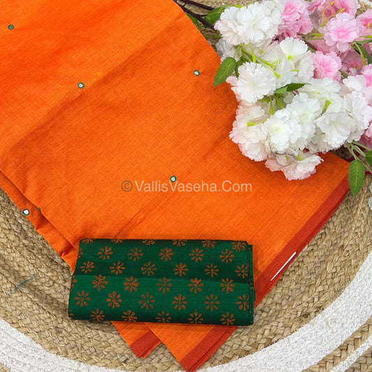 South Mixed Cotton - Mirror Work Embroidery - Orange With Green  - VVPCM002
