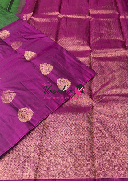 Pure Kanchipuram Silk Saree - Half & Half - Green with Purplish Pink Shade - VVPS064