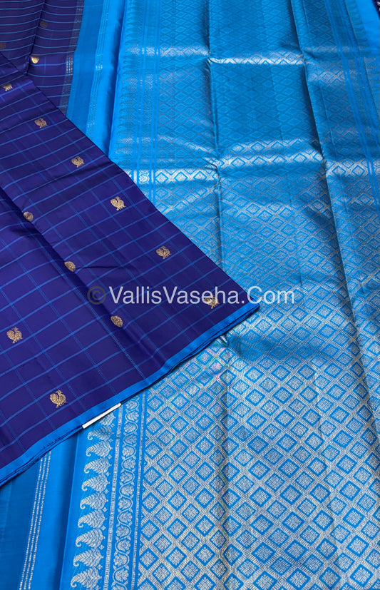 Pure Kanchipuram Silk Saree - Checked Pattern - Blue To Blue Combo - VVPS026