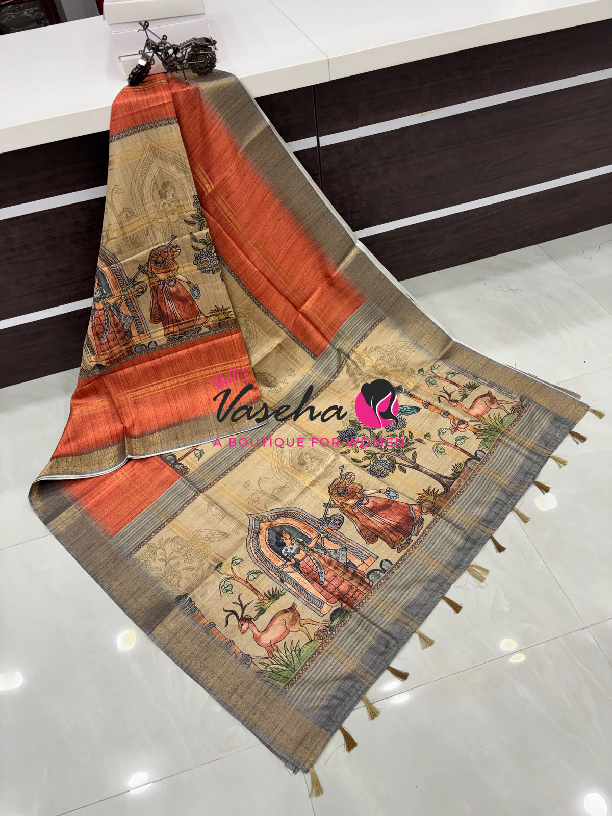 Semi Art Silk Saree - Rust Orange& Grey Shade - VVSAT001