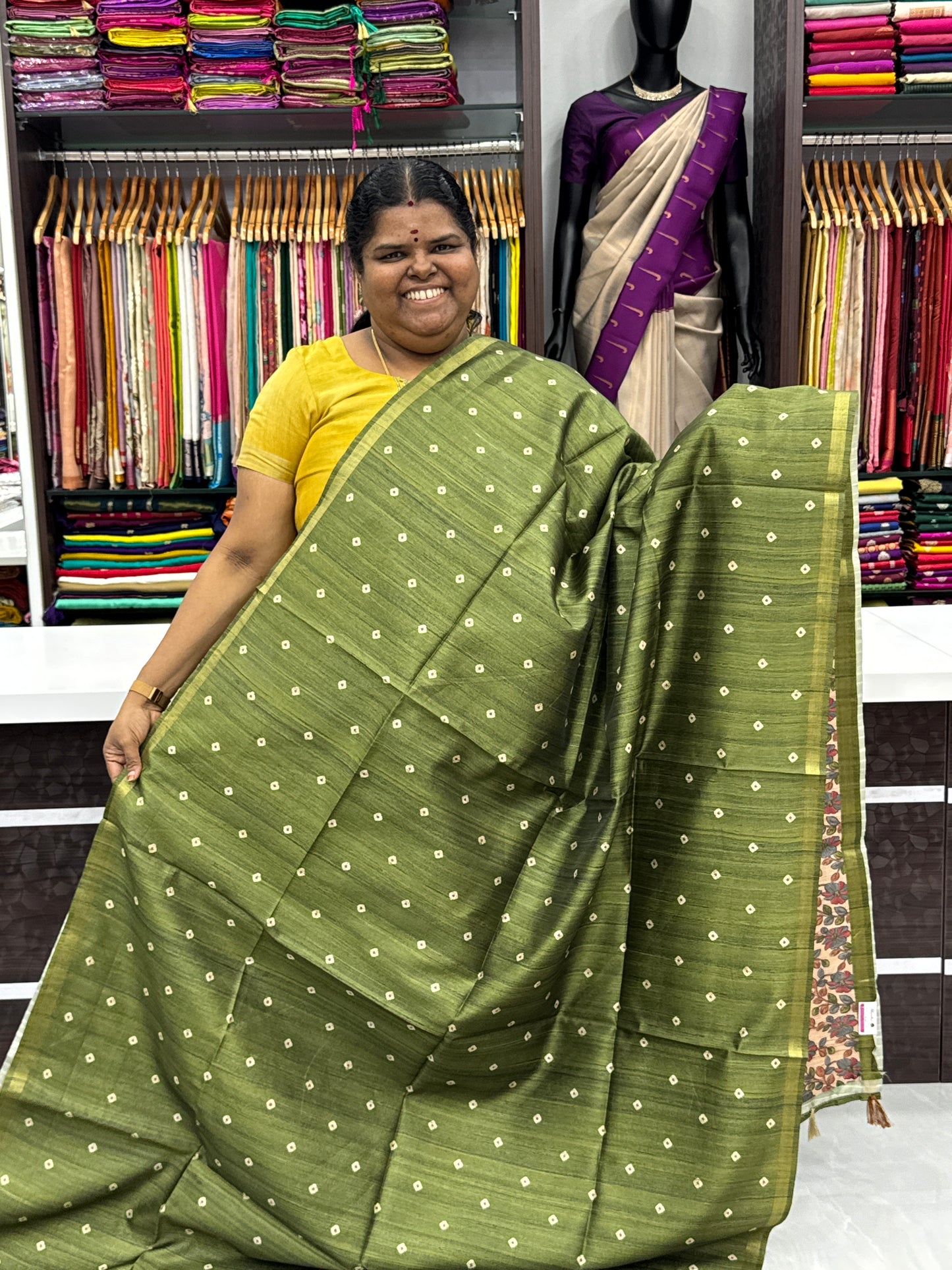 Semi Matka Tussar Silk Saree - Tie & Dye pattern - Green Shade - VVSMT001