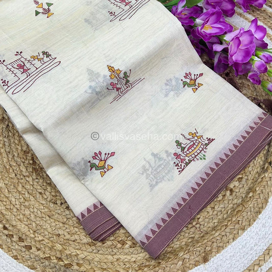 Semi Tussar Embroidery - Cream with Merun Combo - VVSTE001
