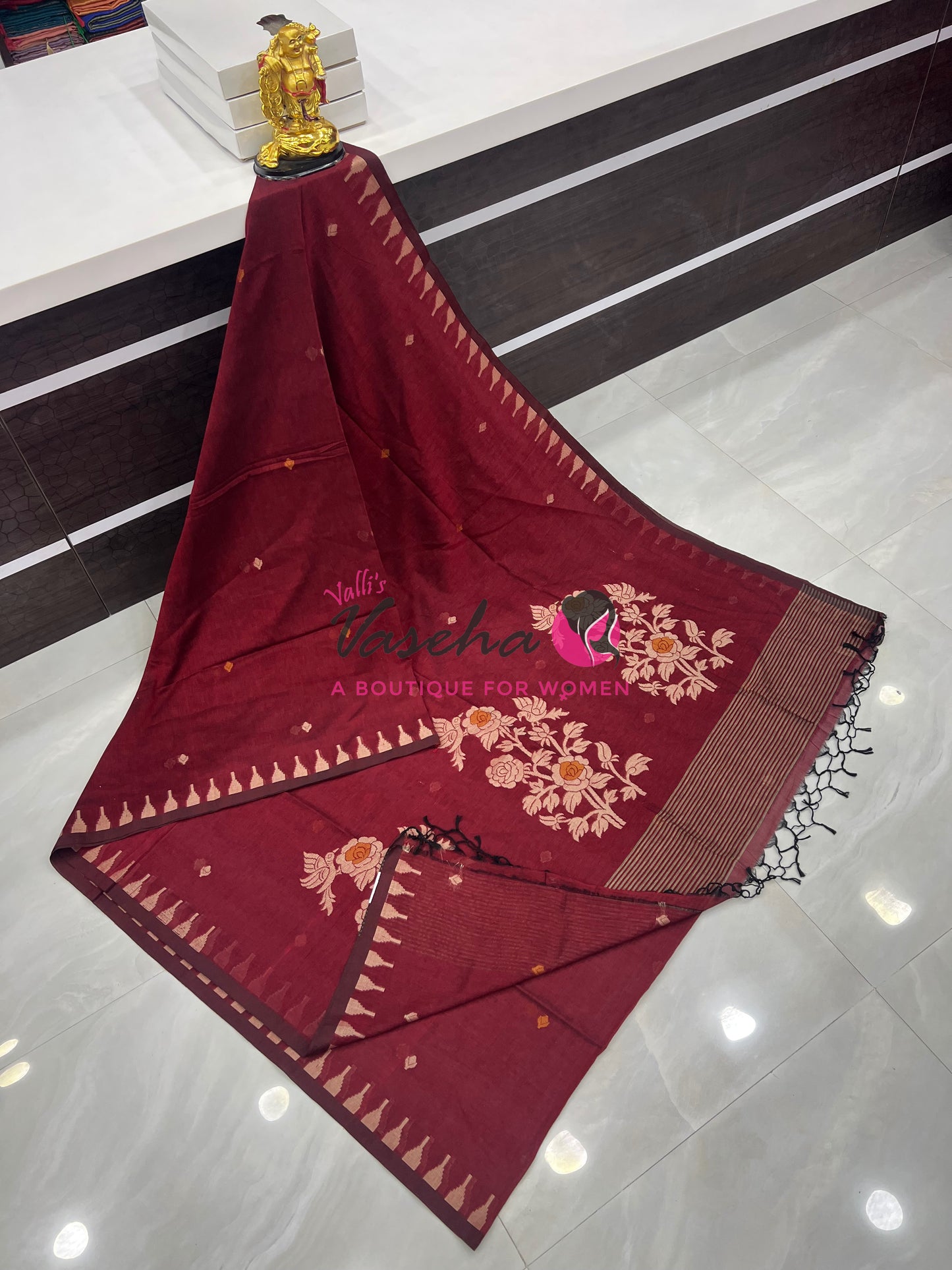 Bengal Kaddhi Cotton Saree | VVBKC001 |Maroonish Red