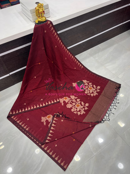 Bengal Kaddhi Cotton Saree | VVBKC001 |Maroonish Red