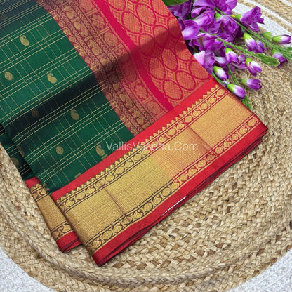 Pure Korvai Silk Cotton - Checks Pattern - Green with Red  Shade  - VVKSC035