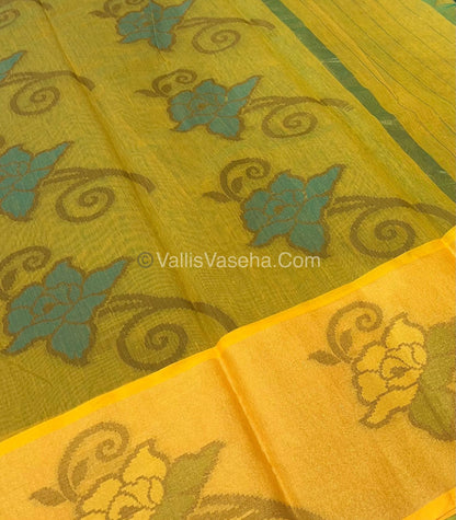 Banarasi Pochampally Weaving Semi Soft Cotton Saree - Green with Yellow - VVBPS001
