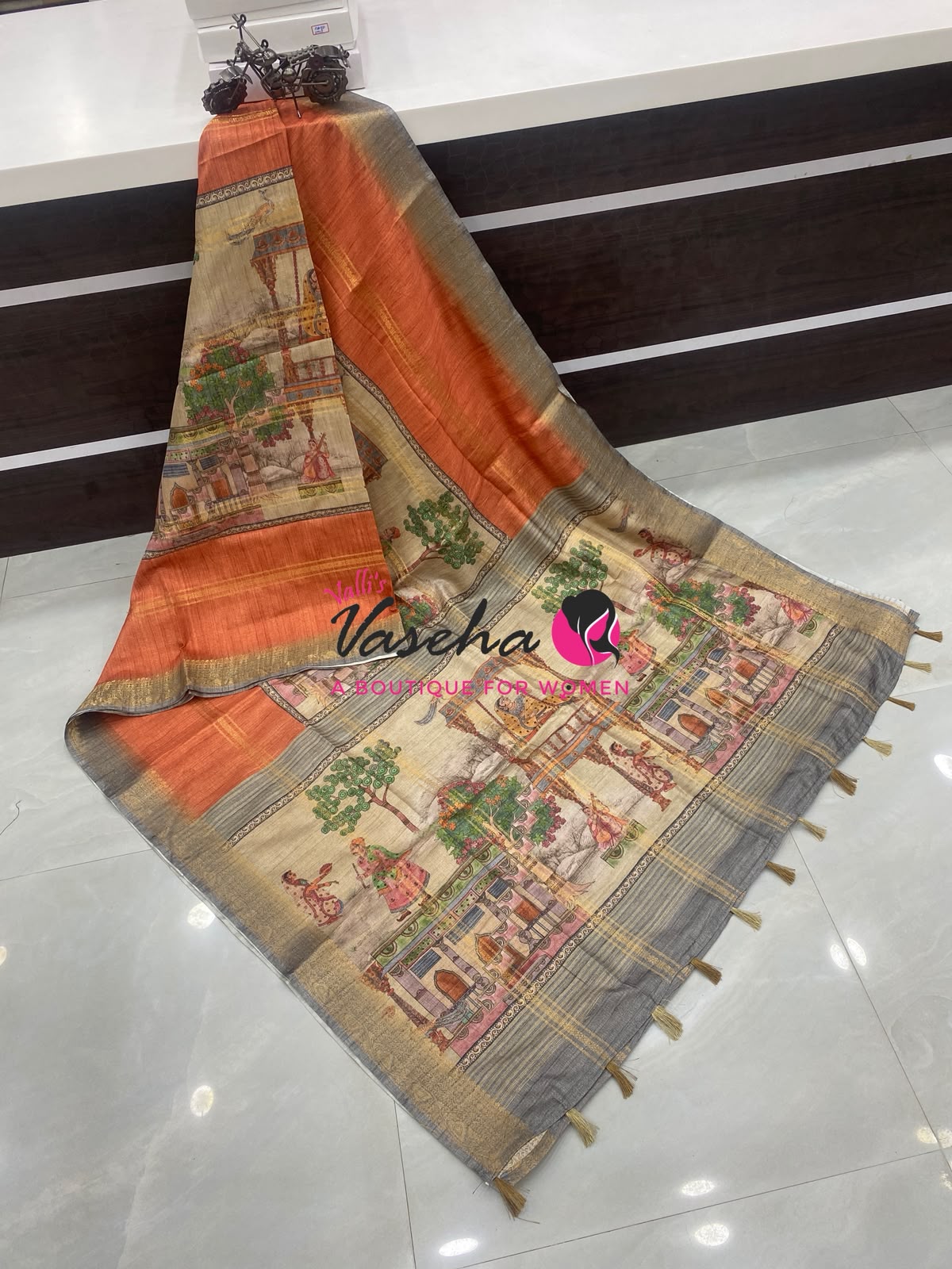 Semi Art Silk Saree - Rust Orange & Grey Shade - VVSAT002