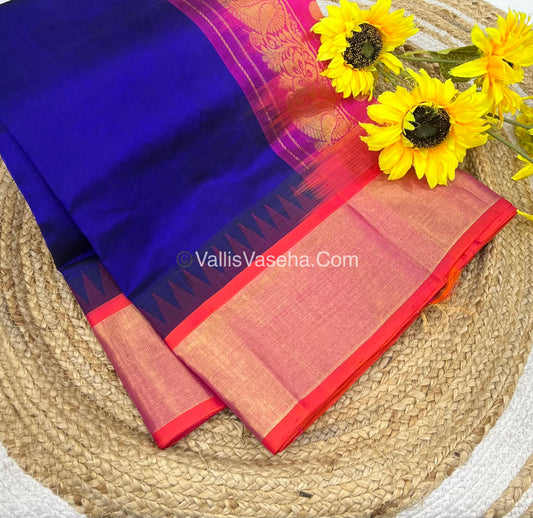 Pure Korvai Silk Cotton Saree - Blue With Peach Shade Temple border - VVKSC001