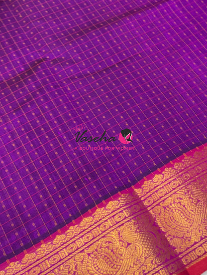 Pure Silk Cotton Saree -  Purple With Red - Lakshadeepam Design - VVPLD001