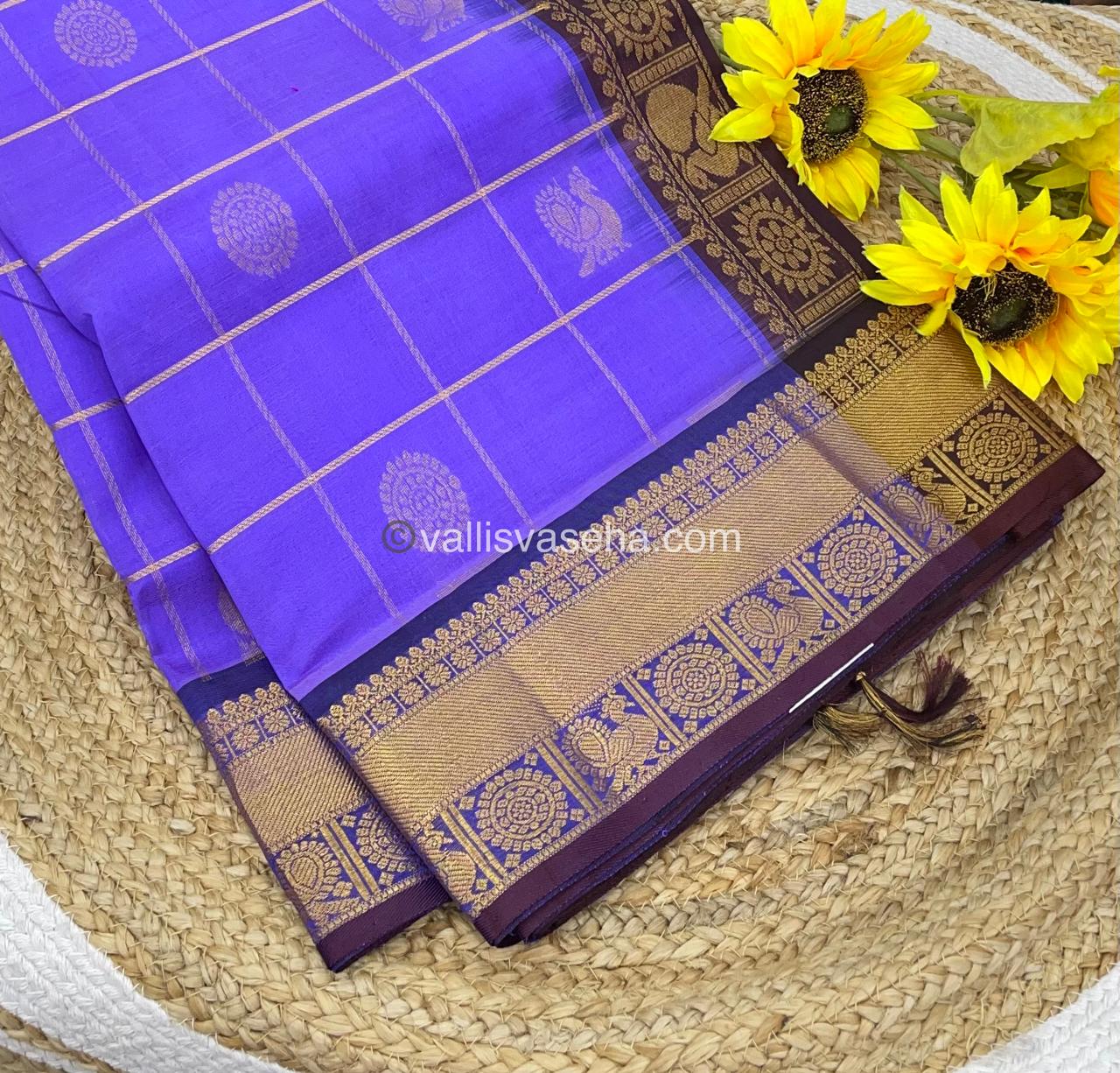 Pure Silk Cotton Saree - Mayil & Chakkaram Design - Lavender With Brown - VVMC001