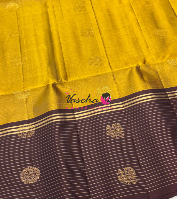 Pure Soft Silk Saree - Yellow with Brown - VVPSS071