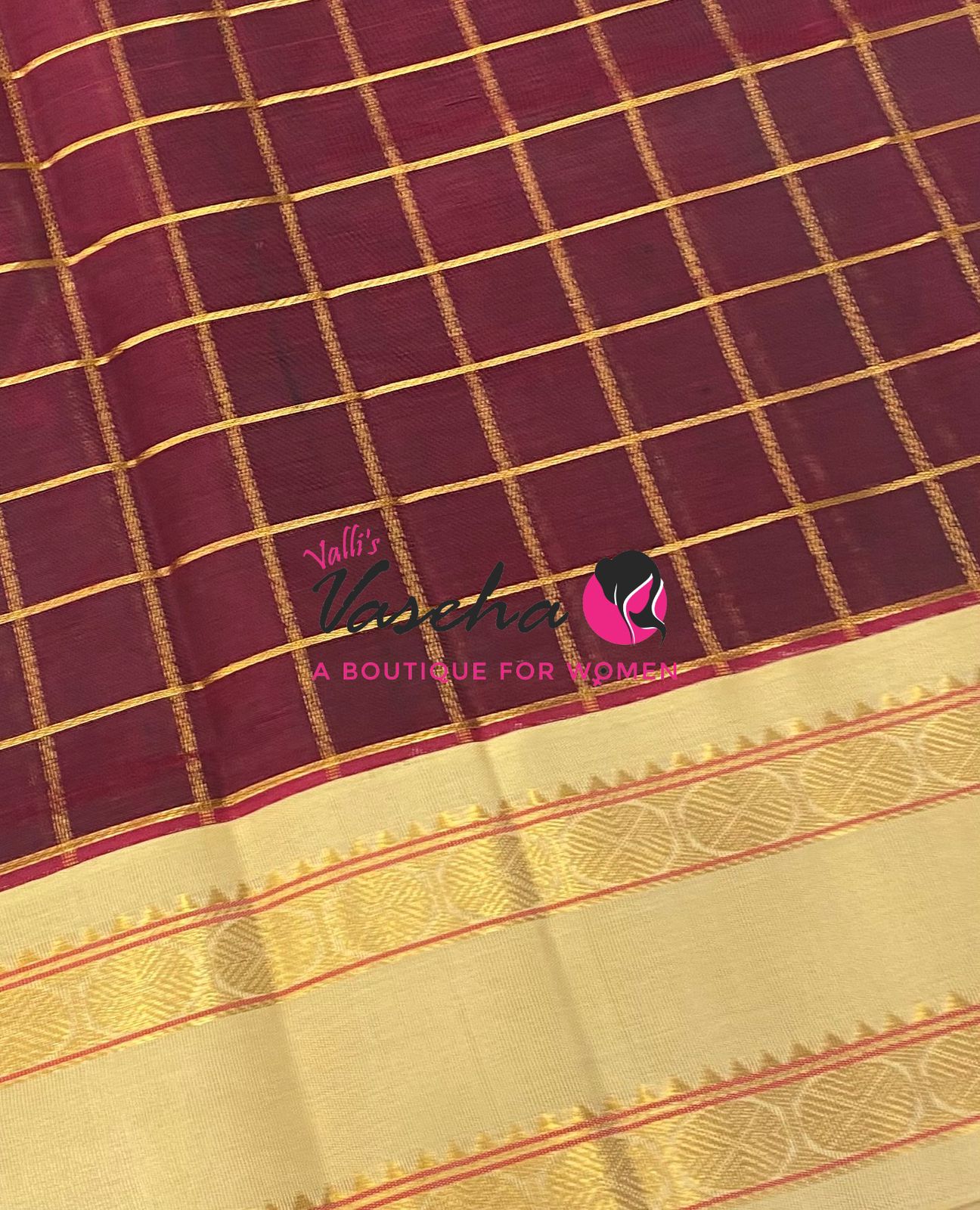 Pure Korvai Silk Cotton With Retta Petta Border - Checks pattern - Maroon & Cream - VVKSC013