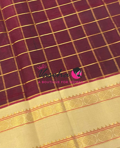 Pure Korvai Silk Cotton With Retta Petta Border - Checks pattern - Maroon & Cream - VVKSC013