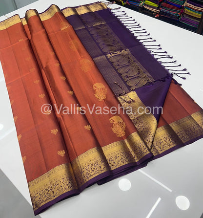 Pure Soft Silk Saree - Kanchi Border - Dark Rust Orangish Brown & Dark Purple Combo - VVPSS046