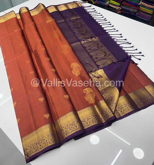 Pure Soft Silk Saree - Kanchi Border - Rust Orange & Dark Purple Combo - VVPSS046