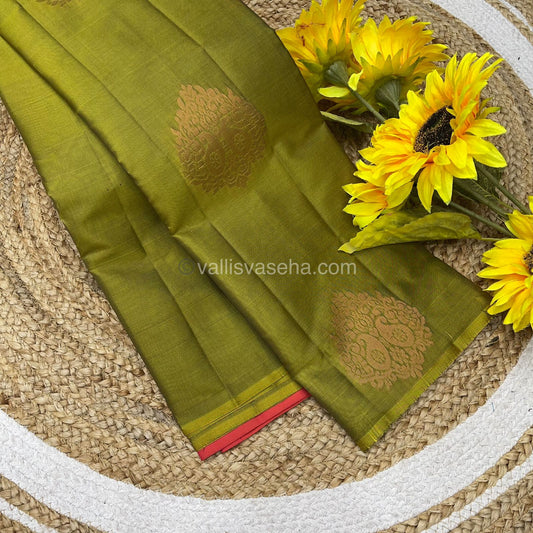 Half Mixed - Pure Soft Silk Saree - Light Weight - Green with Peachish Orange shade - VVPSS026