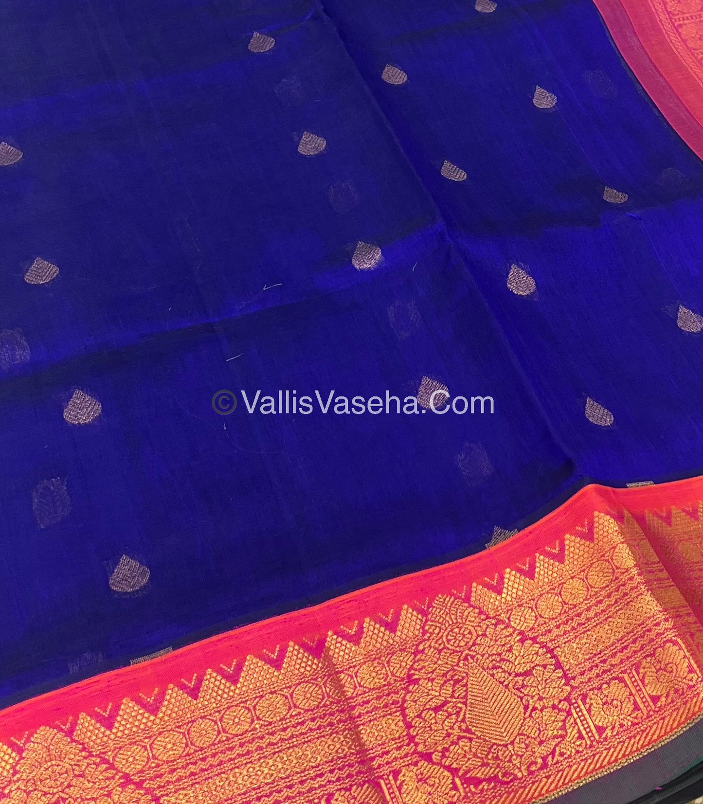 Pure Korvai Silk Cotton Saree - Blue with Peach - VVKSC019