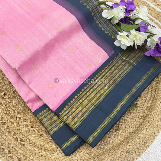 Pure Korvai Silk Cotton Saree - Light Baby Pink with Light Greyish Blue - Retta Petta border - VVKSC004