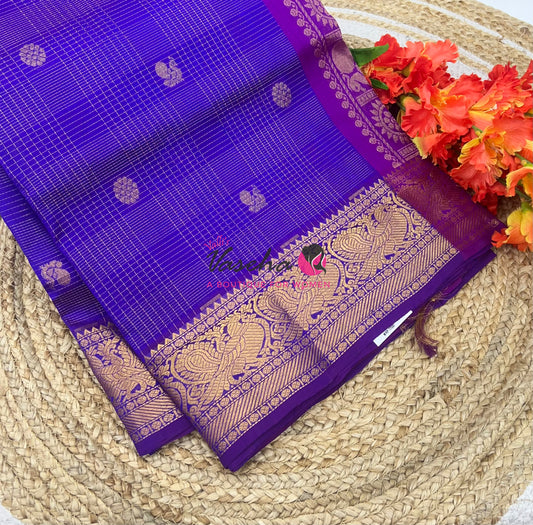 Pure Silk Cotton Saree - Vairavoosi checks - Mayil & Chakkaram - Violetish Blue With Purple - VVMCV001