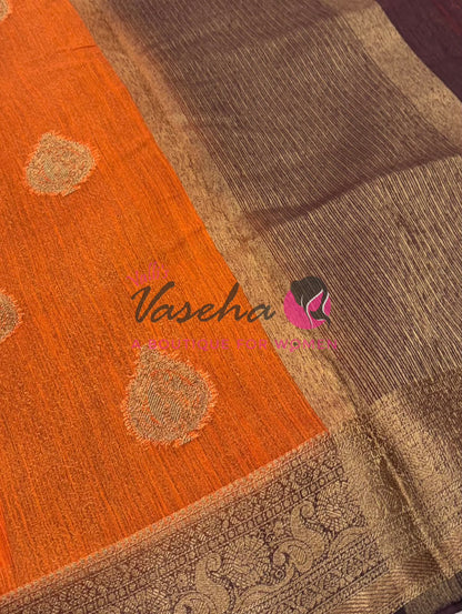 Bamboo Silk Saree- Orange with Brown Shade - VVBSS013