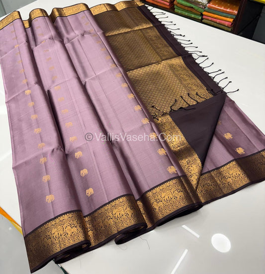 Pure Soft Silk Saree - Kanchi Border - Light Lavender With Wine Brown Shade - VVPSS015